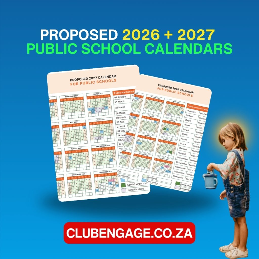 Proposed 2026 and 2027 Public School Calendars for South Africa, featuring term dates and school holidays. Club Engage logo and website link included.
