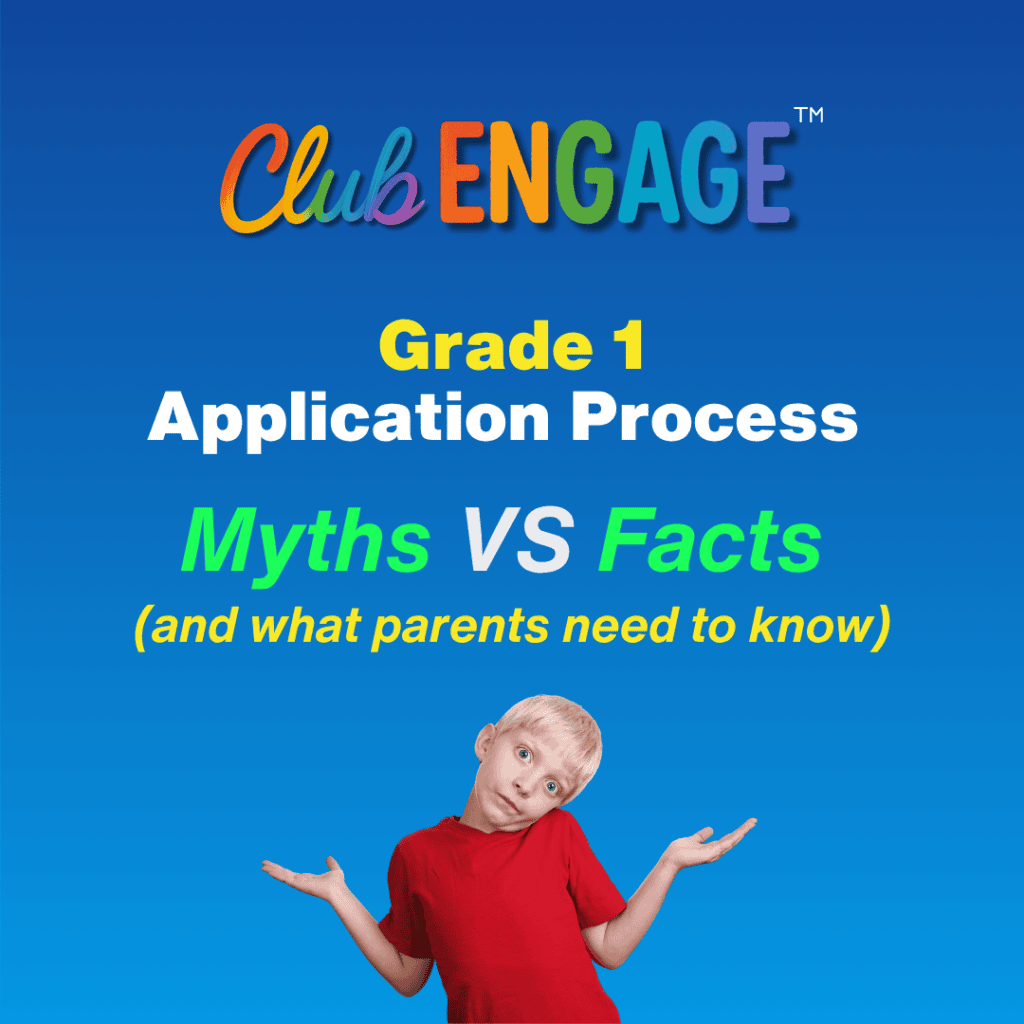 Club Engage guide to Gauteng Grade 1 application process myths and facts, featuring a child shrugging